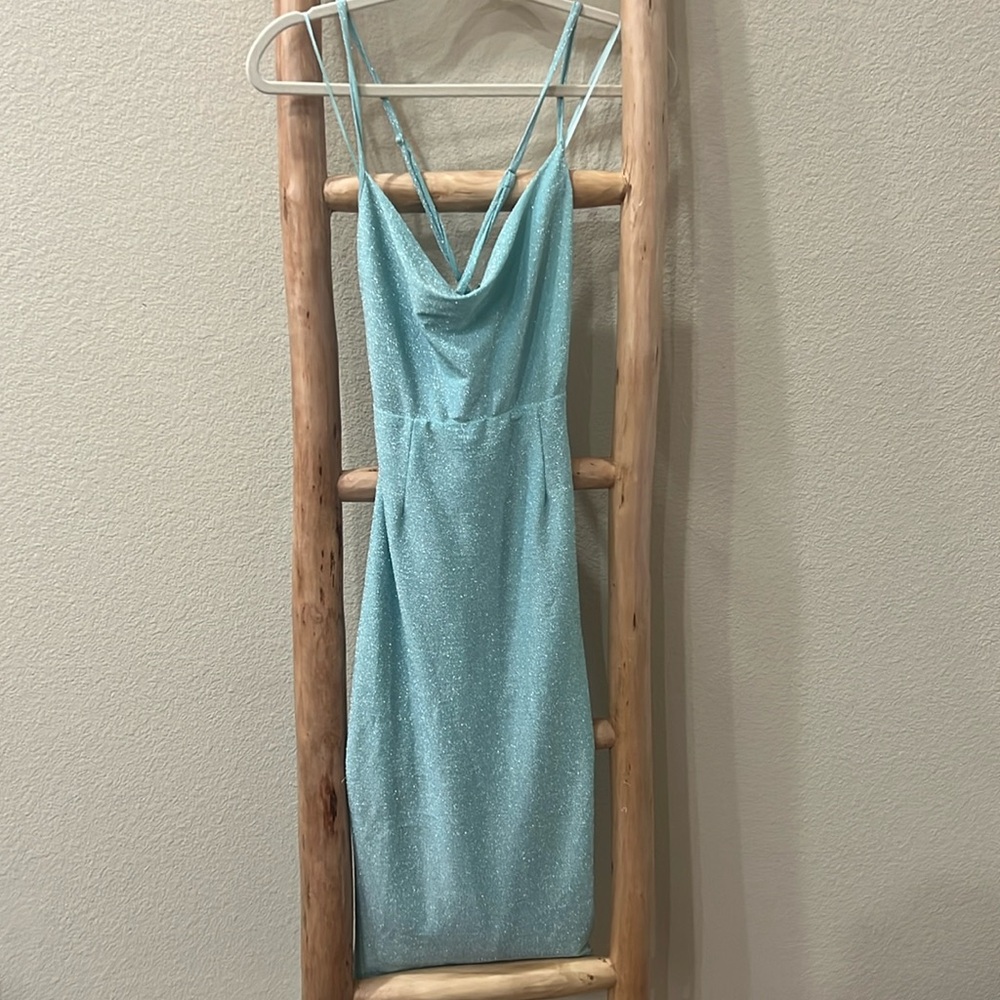 Aqua colored spaghetti strap dress